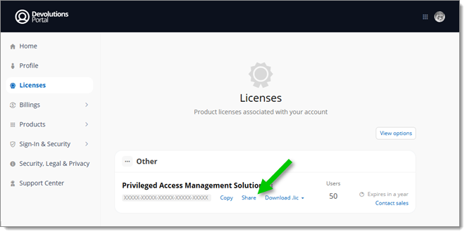 The Licenses section of the Devolutions Portal, with the Share button emphasized