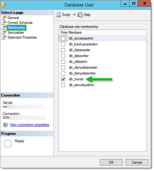 Give the admin user the 'db_owner' role