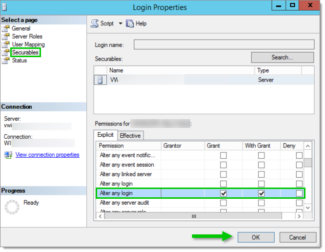 Grant the 'Alter any login permission to the admin user