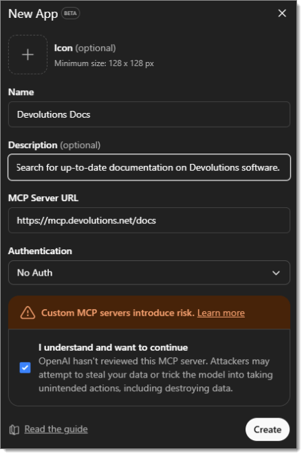Filled out ChatGPT connector creation form