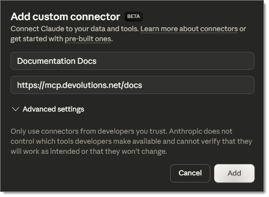 Filled out Claude custom connector creation form
