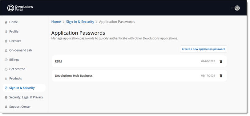 Existing Application passwords