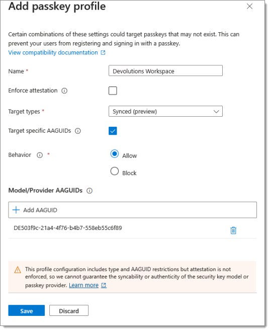 Filled out Workspace browser extension passkey profile