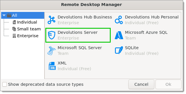 Data source type selection
