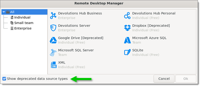 Show deprecated data source types