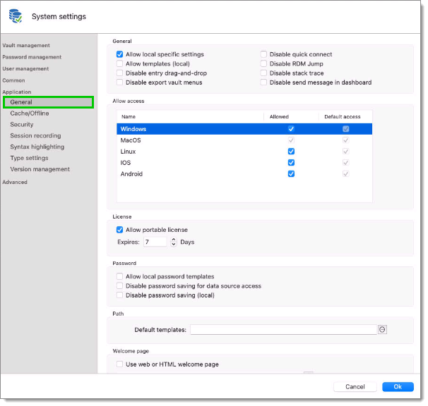Administration – System settings – Application – General