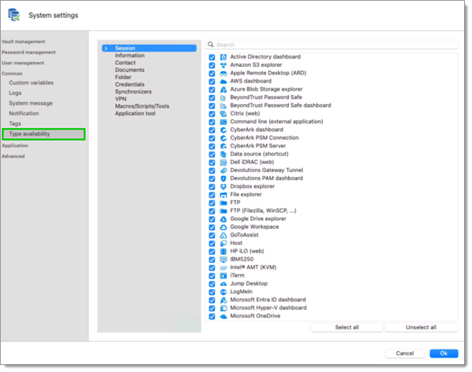 System settings – Common – Type availability