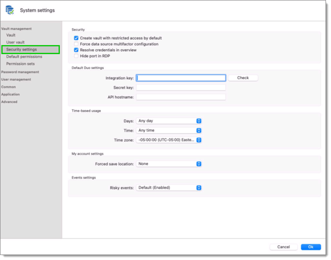 Administration – System settings – management – Security settings