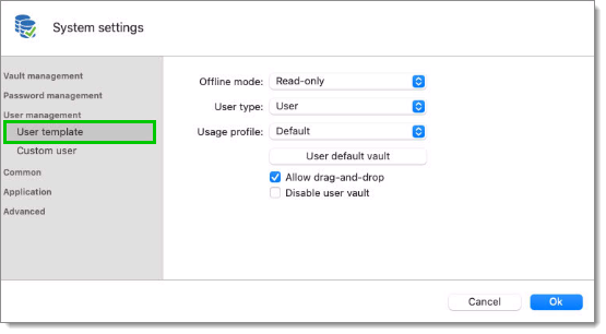 Default user template settings