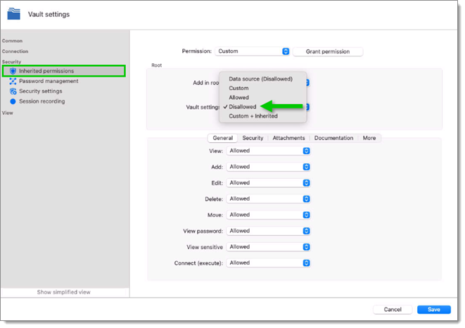 Disallow inherited permissions in Vault settings