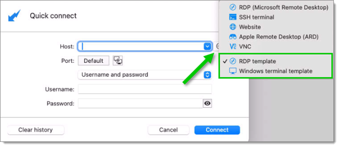 Templates can be used with the Quick connect feature