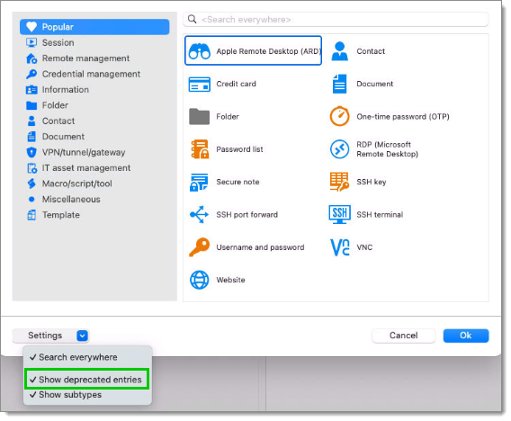 Show deprecated entries