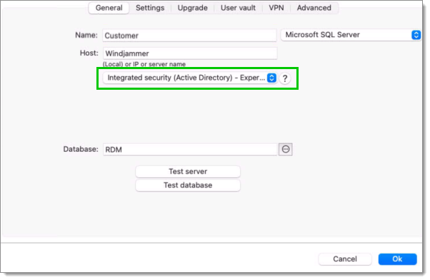 Select integrated security (Active Directory) – Experimental