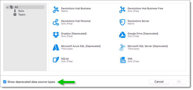 Show deprecated data source types