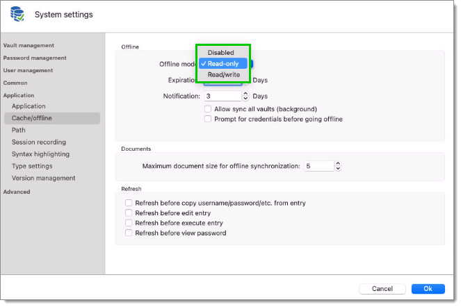 Administration – System Settings – Cache/offline