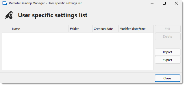 User specific settings list dialog