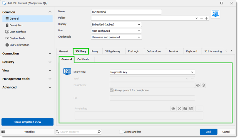 SSH key – General sub-tab