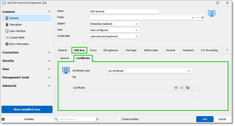 SSH key – Certificate sub-tab