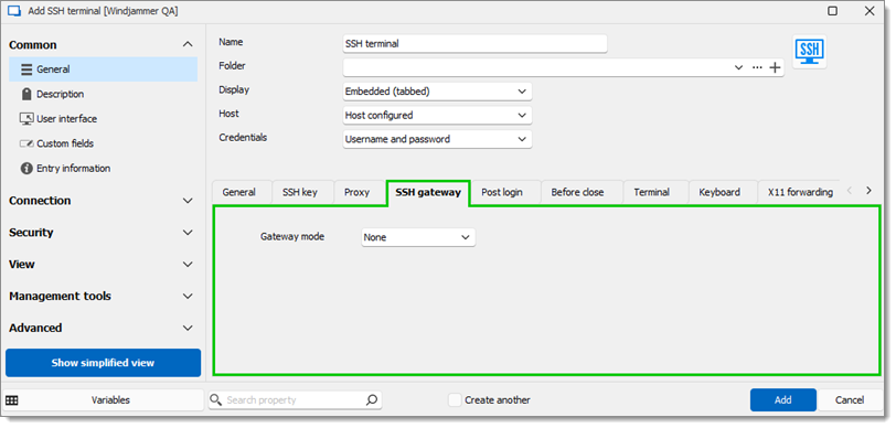 SSH gateway tab