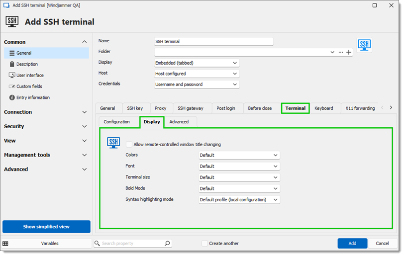 Terminal – Display sub-tab