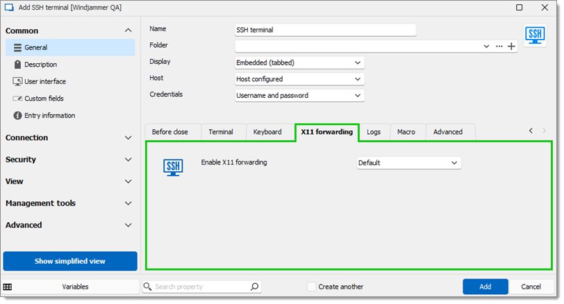 X11 forwarding tab