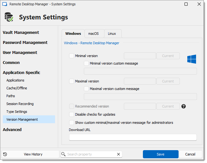 Administration – System settings – Version management