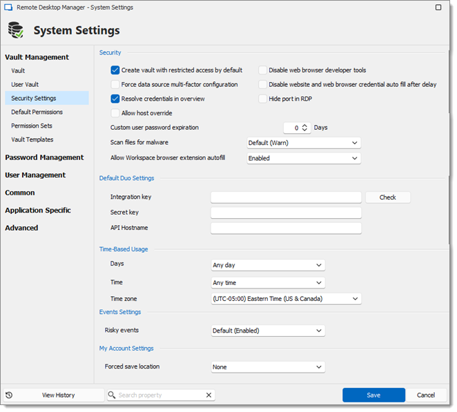 Administration – System settings – Vault management – Security settings