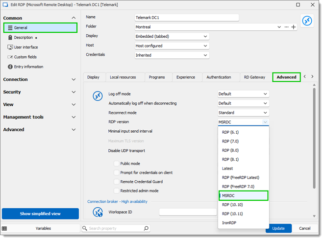 General – Advanced – RDP version – MSRDC