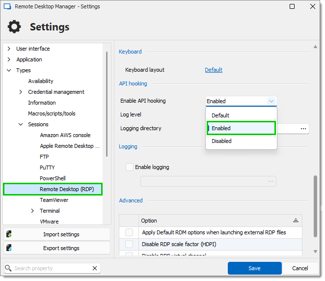 File – Settings – Types – Sessions – Remote Desktop (RDP) – Enable API hooking