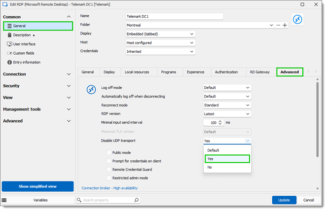 General – Advanced – Disable UDP transport