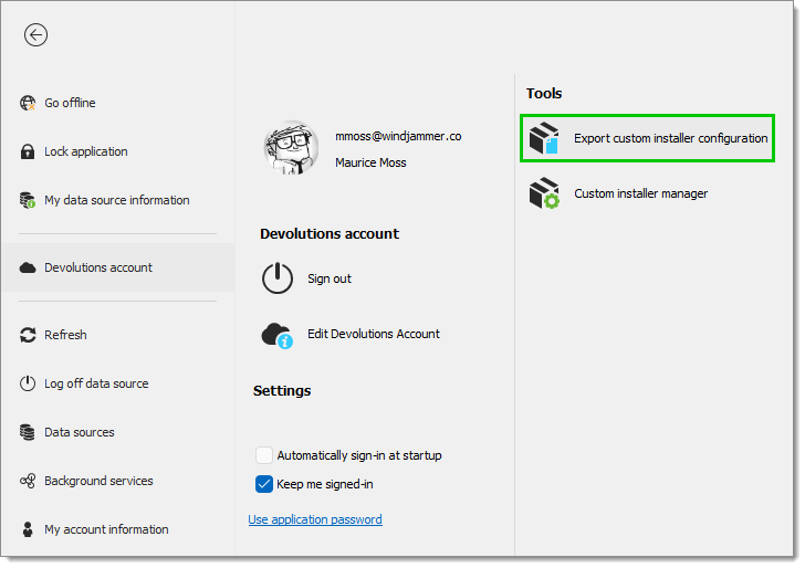 File – Devolutions Account – Export custom installer configuration