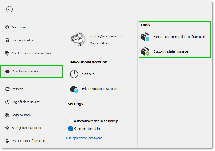 File – Devolutions Account – Tools