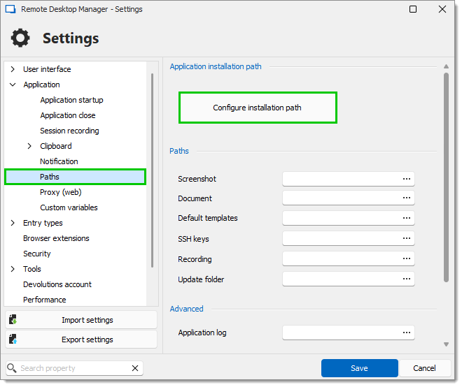 File – Settings – Application – Paths – Configure installation path