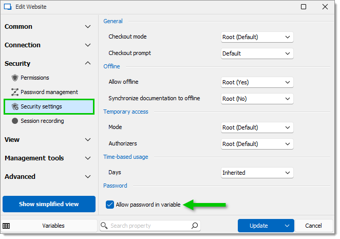 Allow password in variable