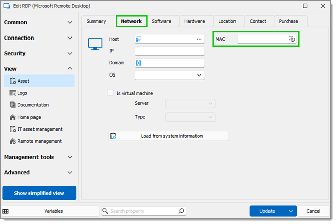 Properties – Asset – Network – MAC