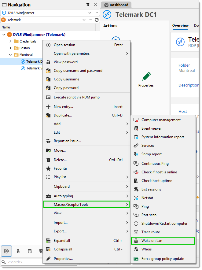 Contextual menu – Macros/Scripts/Tools – Wake-on-LAN