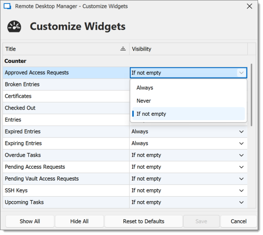 Widget customization options