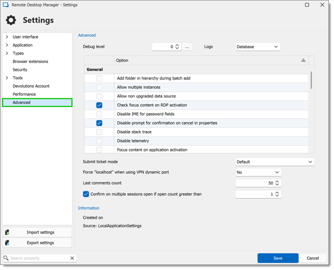 File – Settings – Advanced