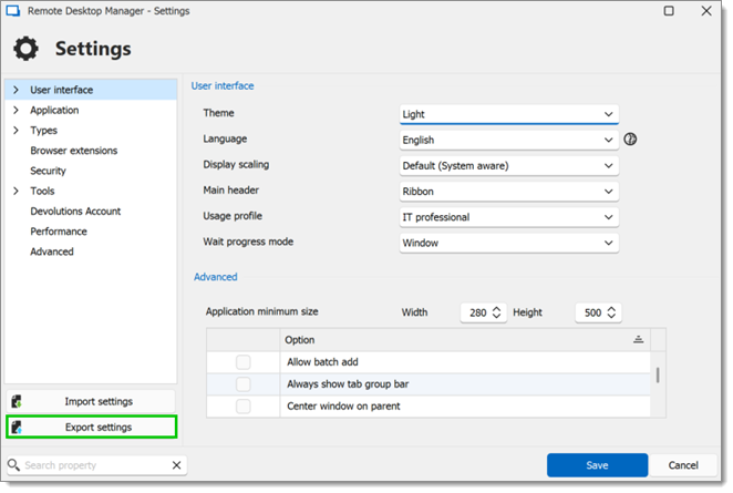 Option d'exportation des paramètres de Remote Desktop Manager