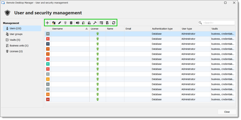 User and security management – Toolbar