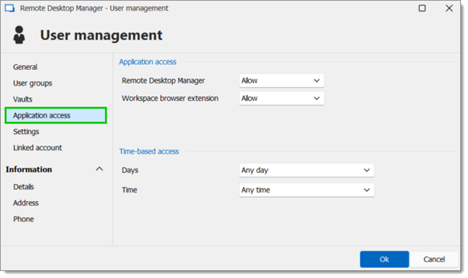 User management – Application access