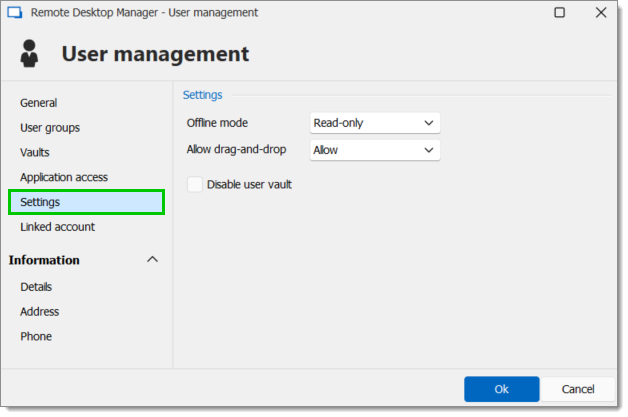 User management – Settings