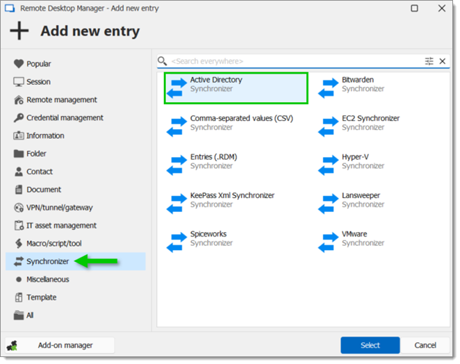 Ajouter une nouvelle entrée : Synchroniseur d'Active Directory