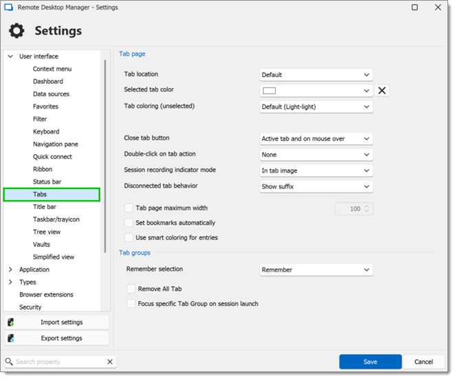 Tabs settings