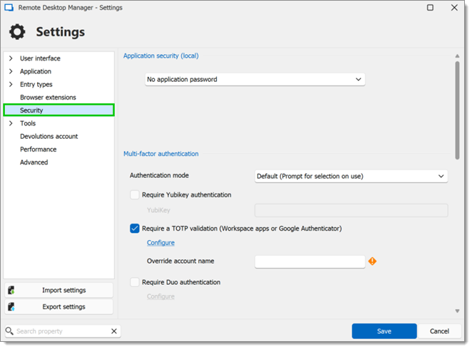 File – Settings – Security