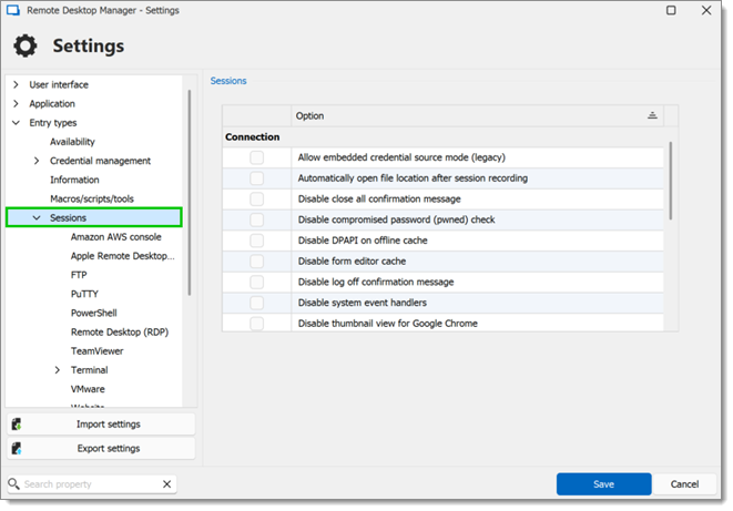 File – Settings – Entry types – Sessions