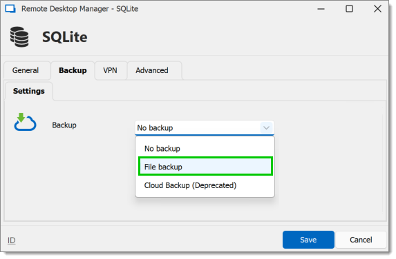 Backup tab in File – Data sources – Edit