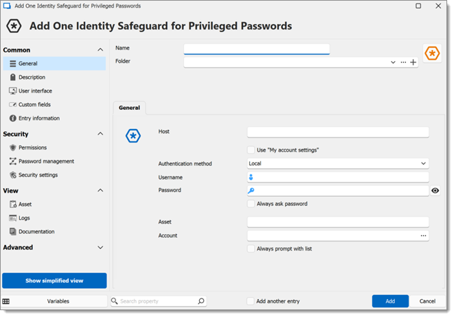 One Identity Safeguard entry configuration