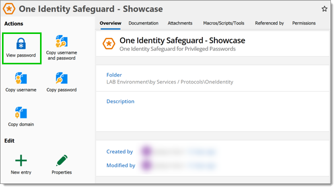 One Identity Safeguard view password button