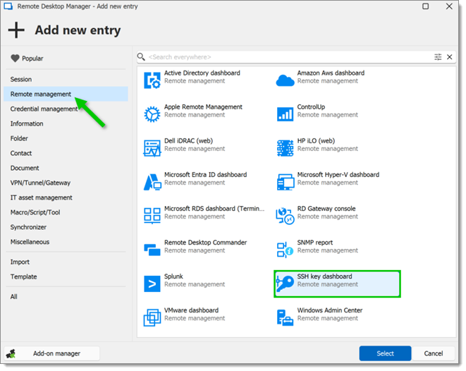 Creating a new SSH key dashboard entry